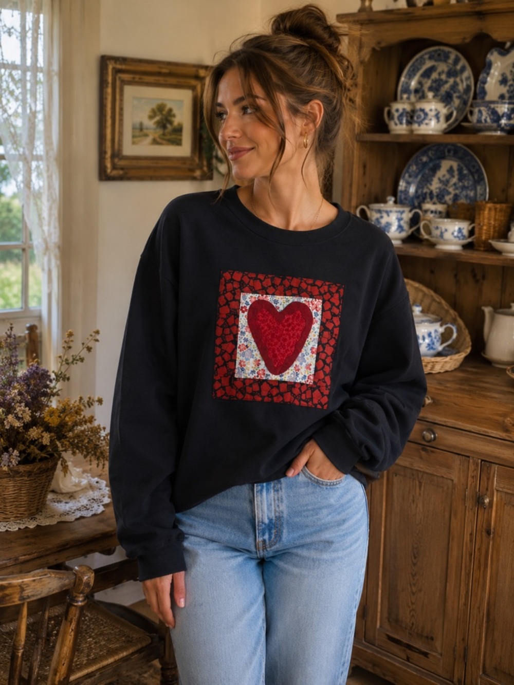 Quilt Crewneck Sweater - Vintage Patchwork Sweatshirt - Heart ♥️